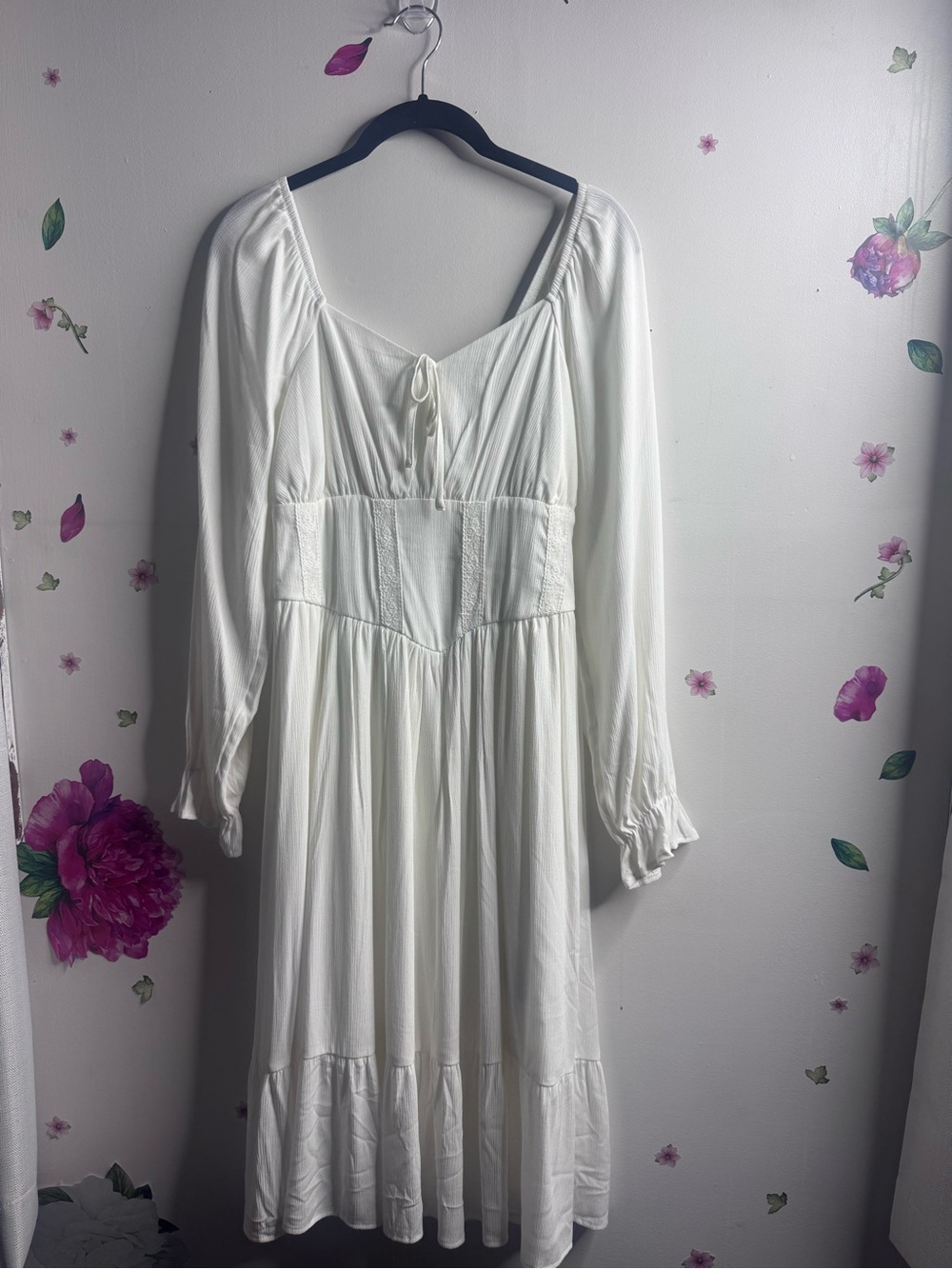 Celebrity Pink White Long Sleeve Midi Peasant Dress